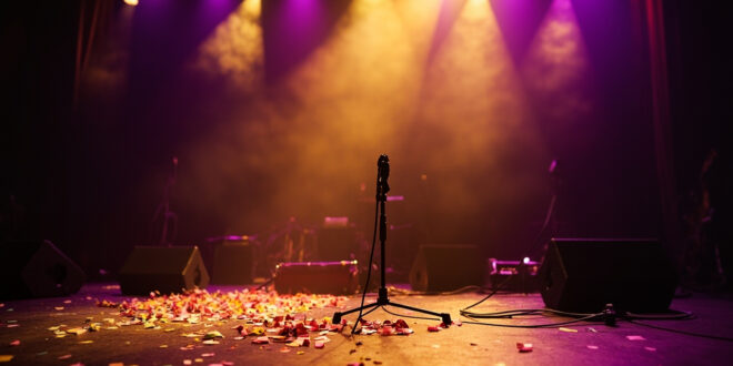 Empty concert stage with scattered confetti, abandoned microphone and silent instruments in dimly lit venue after birthday show
