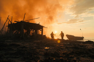 Burned debris and empty rescue boat on shore of abandoned coastal area after devastating fire at migrant shelter