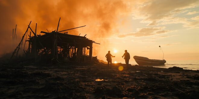 Burned debris and empty rescue boat on shore of abandoned coastal area after devastating fire at migrant shelter