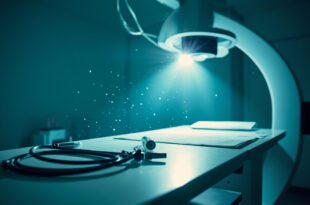 Endoscope and medical charts on empty examination table with unused diagnostic equipment in sterile medical room