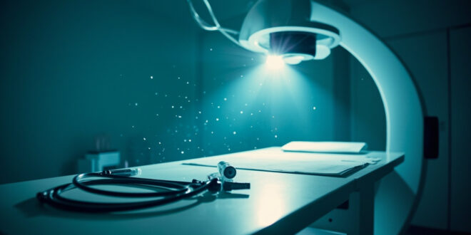 Endoscope and medical charts on empty examination table with unused diagnostic equipment in sterile medical room