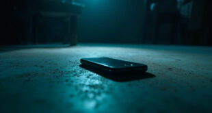 Abandoned smartphone with dark screen lies on barren surface in sparse room with harsh, cold blue lighting and deep shadows