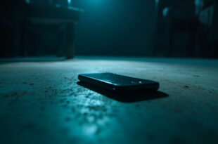 Abandoned smartphone with dark screen lies on barren surface in sparse room with harsh, cold blue lighting and deep shadows