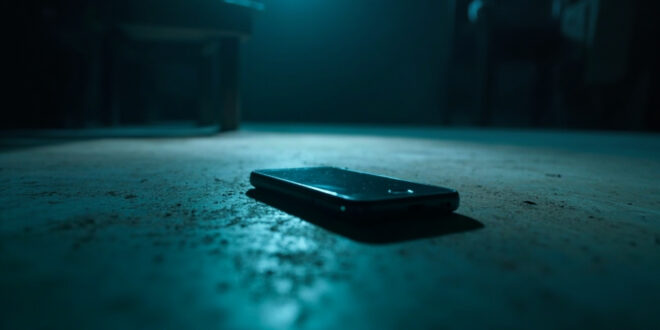 Abandoned smartphone with dark screen lies on barren surface in sparse room with harsh, cold blue lighting and deep shadows