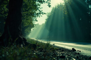 Empty rural Polish road with damaged tree and debris following a car accident, dark atmospheric lighting