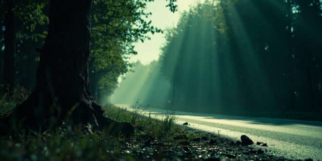 Empty rural Polish road with damaged tree and debris following a car accident, dark atmospheric lighting