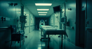 Empty hospital room with medical equipment and abandoned MRI scanner in a sterile corridor at dawn