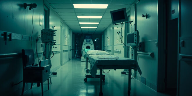 Empty hospital room with medical equipment and abandoned MRI scanner in a sterile corridor at dawn