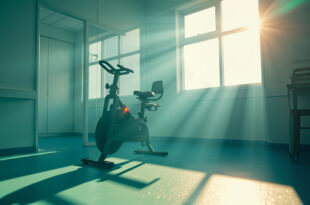 Specialized medical exercise bike sits unused in a sterile rehabilitation room, bathed in natural light