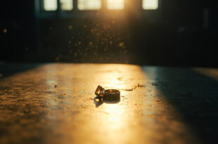 Two gold wedding rings placed separately on a wooden table in soft natural light, symbolizing separation