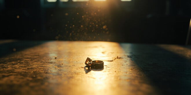 Two gold wedding rings placed separately on a wooden table in soft natural light, symbolizing separation