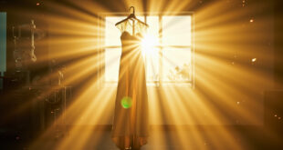 White wedding dress hanging beside medical equipment in a sunlit hospital room adorned with wedding decorations.
