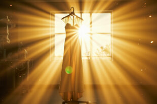 White wedding dress hanging beside medical equipment in a sunlit hospital room adorned with wedding decorations.
