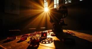 Empty film projector and vintage reels in an abandoned movie theater at dusk, with golden light casting long shadows