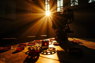 Empty film projector and vintage reels in an abandoned movie theater at dusk, with golden light casting long shadows
