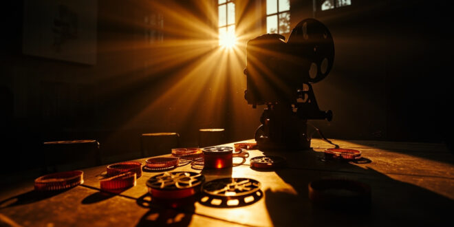Empty film projector and vintage reels in an abandoned movie theater at dusk, with golden light casting long shadows