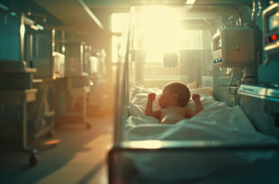 Empty NICU room with unused incubator and monitoring equipment bathed in morning light symbolizing medical triumph