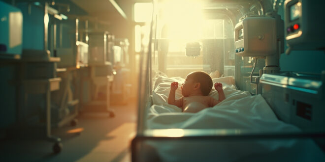 Empty NICU room with unused incubator and monitoring equipment bathed in morning light symbolizing medical triumph