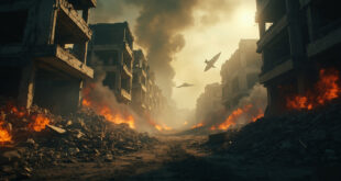 Smoke rises from a devastated cityscape showing destroyed buildings and debris-filled streets after a missile attack