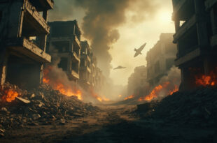 Smoke rises from a devastated cityscape showing destroyed buildings and debris-filled streets after a missile attack
