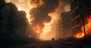 Abandoned city street at dawn filled with craters, debris and smoke from missile bombardment, damaged buildings in background