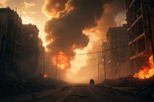 Abandoned city street at dawn filled with craters, debris and smoke from missile bombardment, damaged buildings in background