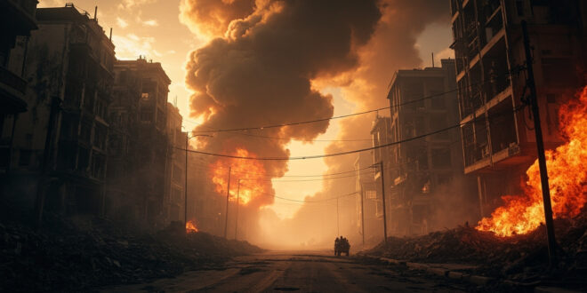 Abandoned city street at dawn filled with craters, debris and smoke from missile bombardment, damaged buildings in background