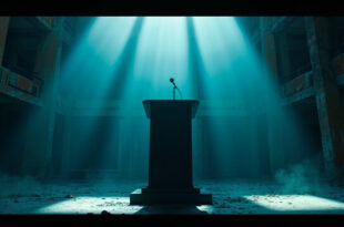 Empty podium with solitary microphone standing abandoned in government building courtyard during political standoff