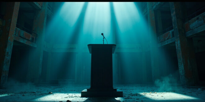 Empty podium with solitary microphone standing abandoned in government building courtyard during political standoff