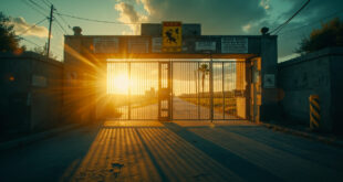 Abandoned border checkpoint at dawn with closed gates, warning signs, and empty control booth surrounded by barriers