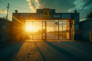 Abandoned border checkpoint at dawn with closed gates, warning signs, and empty control booth surrounded by barriers