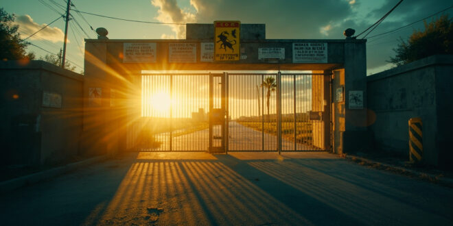 Abandoned border checkpoint at dawn with closed gates, warning signs, and empty control booth surrounded by barriers