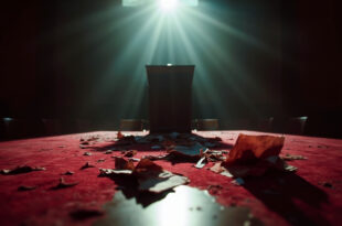 Torn coalition documents scattered across an empty government conference room table with abandoned podium