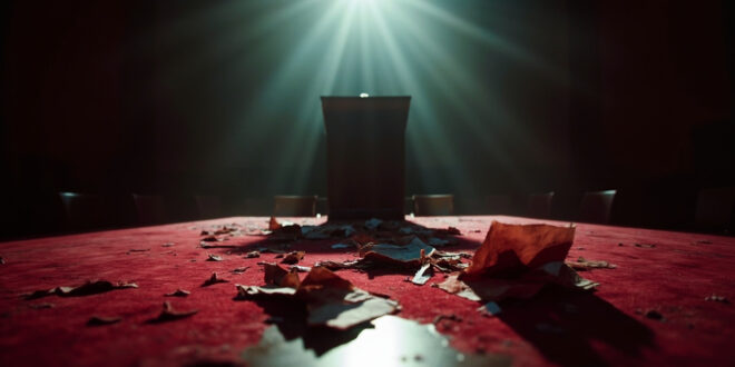 Torn coalition documents scattered across an empty government conference room table with abandoned podium