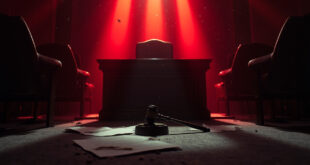 Empty parliamentary chamber with scattered documents and abandoned seats during critical vote in government meeting room