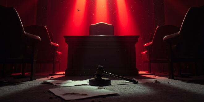 Empty parliamentary chamber with scattered documents and abandoned seats during critical vote in government meeting room