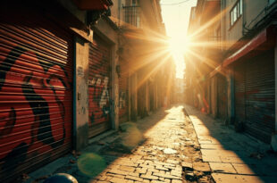 Deserted Mediterranean tourist street at dawn showing closed storefronts with anti-tourism graffiti in red paint