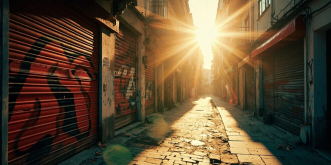Deserted Mediterranean tourist street at dawn showing closed storefronts with anti-tourism graffiti in red paint