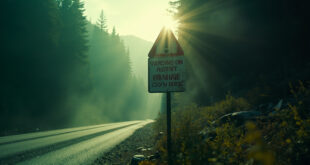 Weathered bear warning sign stands along an empty mountain road through dense forest, bathed in atmospheric light.