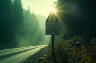 Weathered bear warning sign stands along an empty mountain road through dense forest, bathed in atmospheric light.