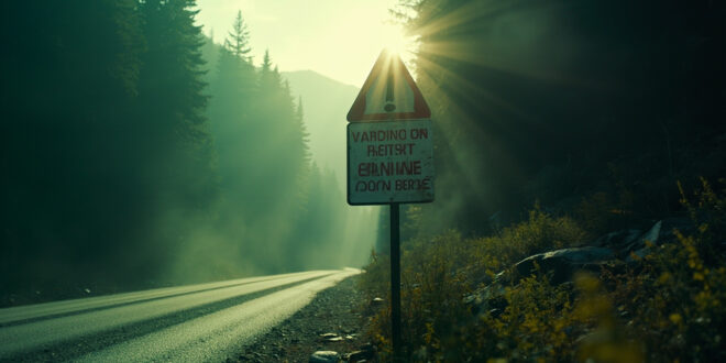 Weathered bear warning sign stands along an empty mountain road through dense forest, bathed in atmospheric light.