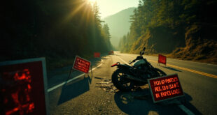 Abandoned motorcycle beside wildlife warning signs on empty mountain road with dense forest backdrop