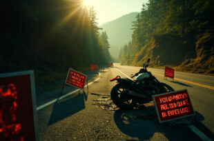 Abandoned motorcycle beside wildlife warning signs on empty mountain road with dense forest backdrop