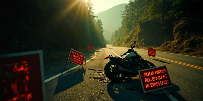 Abandoned motorcycle beside wildlife warning signs on empty mountain road with dense forest backdrop