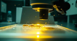 Scientific microscope revealing parasitic larvae on laboratory slide in sterile lab environment with specialized equipment