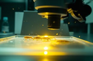 Scientific microscope revealing parasitic larvae on laboratory slide in sterile lab environment with specialized equipment