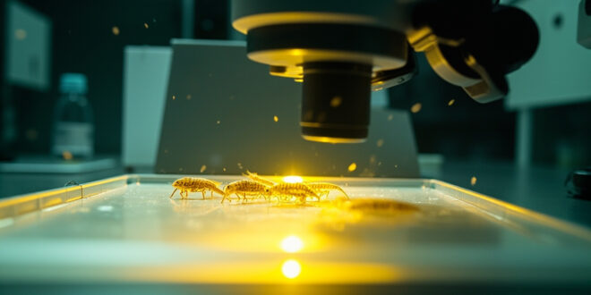 Scientific microscope revealing parasitic larvae on laboratory slide in sterile lab environment with specialized equipment