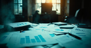 Budget documents and financial charts scattered across an empty ministerial desk in a vacant government office