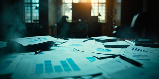 Budget documents and financial charts scattered across an empty ministerial desk in a vacant government office