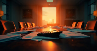 Scattered budget documents and calculator abandoned on mahogany conference table in sterile government office at dusk